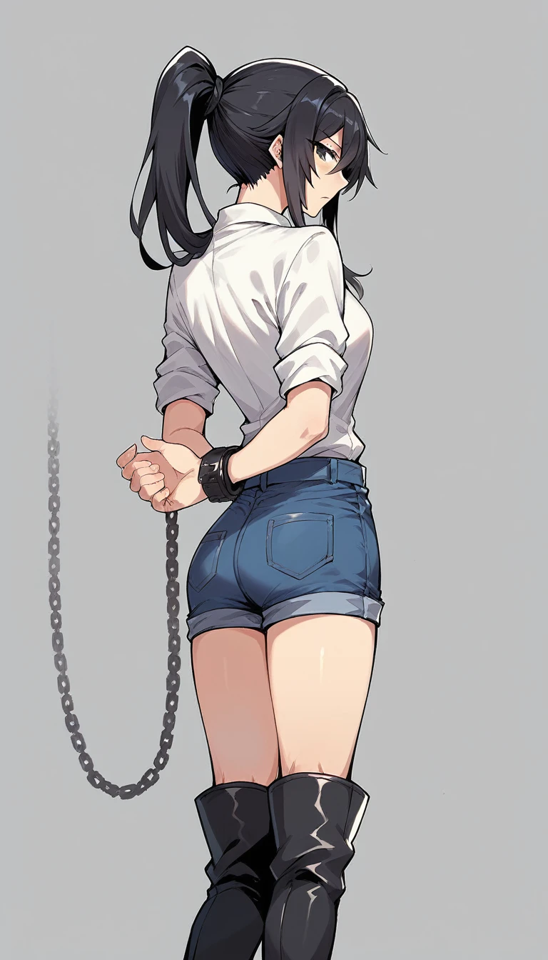 Shirase Sakuya,Denim shorts,Black thigh-high boots,White shirt with rolled up sleeves,Place your hands behind your back,Constraints,Wrap the body in chains,Black Hair,ponytail,cute,