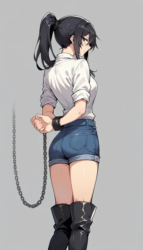 shirase sakuya,denim shorts,black thigh-high boots,white shirt with rolled up sleeves,place your hands behind your back,constrai...