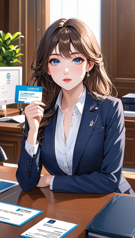 girl，exquisite facial features，exquisite eyes，business attire，certified lawyer，debate，name card