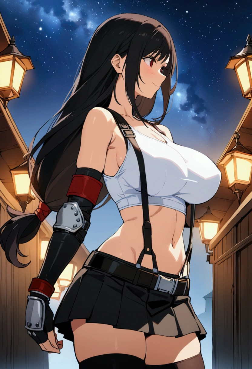 score_9,score_8_up,score_7_up,BREAK source_anime, masterpiece, best quality, (recent), perfect anatomy, very aesthetic,anime style,upperbody,,Solo,1girl, tifa lockhart, final fantasy,black hair, low-tied long hair, red eyes, bangs, (white tank top,gap),(High exposure)，the ribs,,(belt, pleated skirt, thighhighs, elbow fingerless gloves, elbow pads, midriff, navel,suspenders.skirt),beautiful waist ,(large_breast:1.3),(from side,looking away),standing,arms in sides,light smile,,,outdoor,star sky,night, skin tight,  depth of field、beautifully lit,great lighting　　