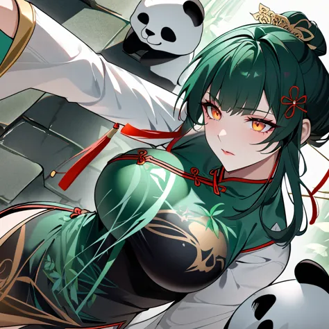 a woman wearing, weak green chinese costume, long costume, big breasts, green hair, long hair, tied up hair, orange eyes, bamboo...