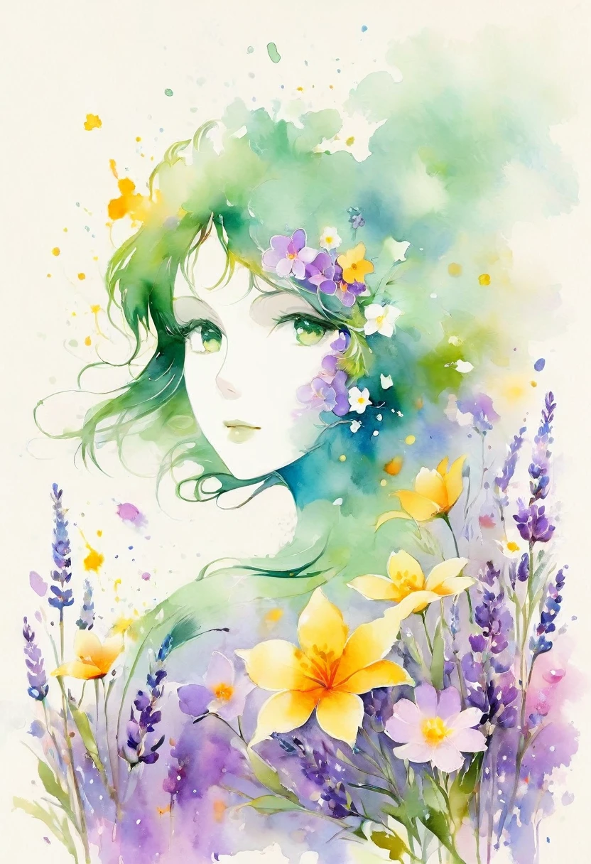 This watercolor flower painting shows an elegant and fresh visual effect..。Fields of wildflowers and lavender，The perfect combination of nature and romance。The screen is dominated by a white background，Highlight isolated watercolor flower。Splash technology recreates wet conditions，The atmosphere seems vague and dreamy。Unique compositions and abstract imagery give the painting an artistic look.，Contains elements of surrealism.。The overall color tone is predominantly light tones.，Lilac and green complement each other perfectly，Uncover details in high definition。Ink splash effect adds dynamism to the image.，Pale color gives flowers a deep and discreet beauty..。