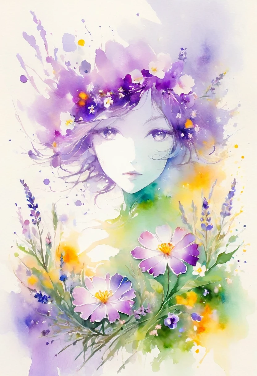 This watercolor flower painting shows an elegant and fresh visual effect..。Fields of wildflowers and lavender，The perfect combination of nature and romance。The screen is dominated by a white background，Highlight isolated watercolor flower。Splash technology recreates wet conditions，The atmosphere seems vague and dreamy。Unique compositions and abstract imagery give the painting an artistic look.，Contains elements of surrealism.。The overall color tone is predominantly light tones.，Lilac and green complement each other perfectly，Uncover details in high definition。Ink splash effect adds dynamism to the image.，Pale color gives flowers a deep and discreet beauty..。