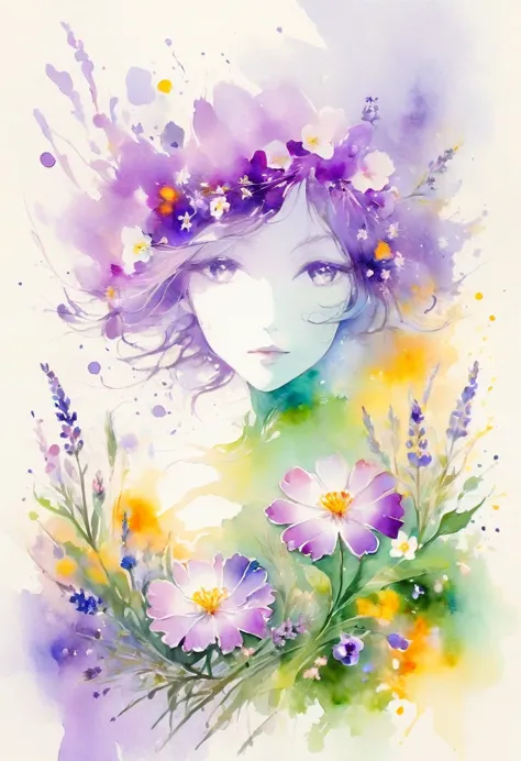 This watercolor flower painting shows an elegant and fresh visual effect..。Fields of wildflowers and lavender，The perfect combin...