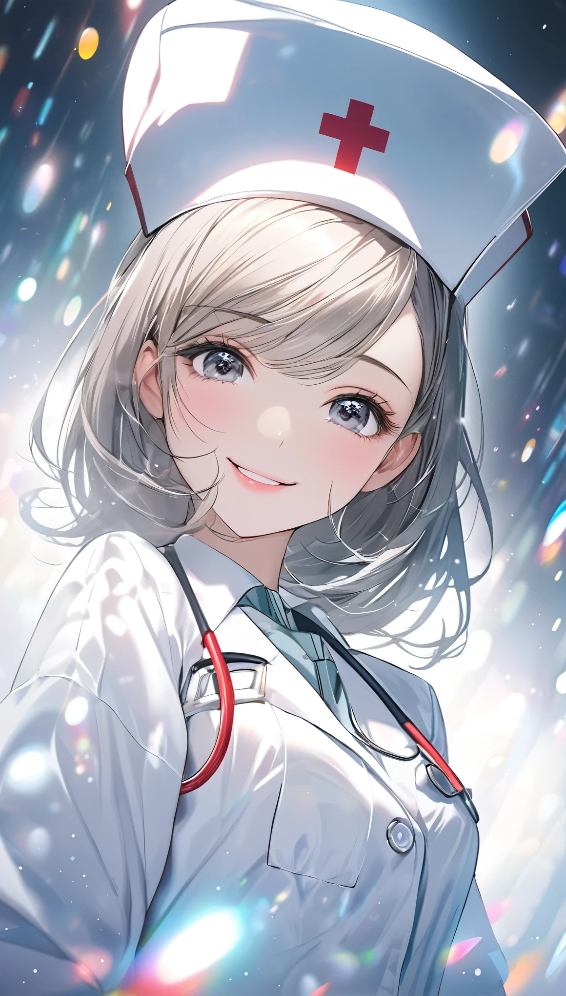 from below, kind and beautiful nurse, cool face, shy smile, excellent proportions, wearing loose cardigan over nurse uniform, glitter effects, foggy effects