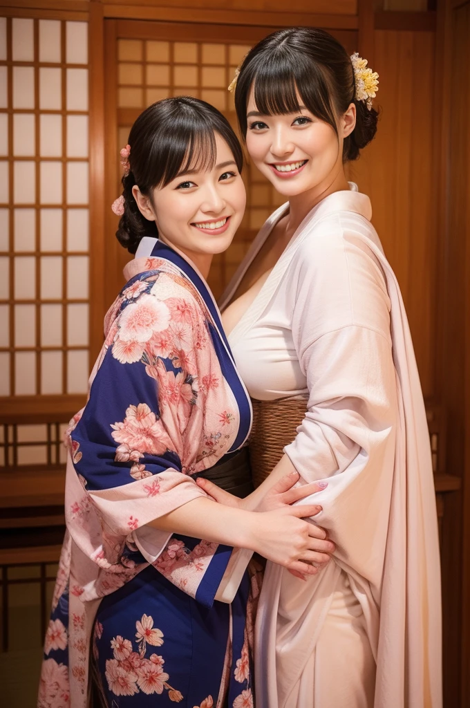 Attractive woman, ２Man Woman, bbw, Fluffy kimono、large boob, A smile、Hot Spring Ryokan、​masterpiece, top-quality,