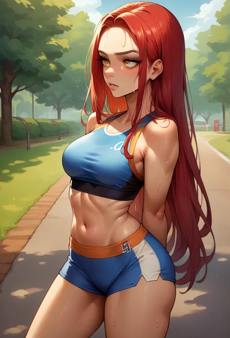 score_9, score_8_up, source_anime, 1girl, solo, juneavatar, makeup, red hair, straight hair,gold eyes,super long hair, sports br...