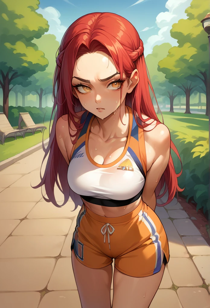 score_9, score_8_up, source_anime, 1girl, solo, JuneAvatar, makeup, red hair, Straight Hair,gold eyes,super long hair, sports bra, shorts, tight shorts, sweat, outdoors, park scene, arms behind back, Straight Hair, 