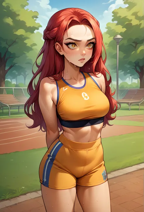 score_9, score_8_up, source_anime, 1girl, solo, juneavatar, makeup, red hair, straight hair,gold eyes,super long hair, sports br...