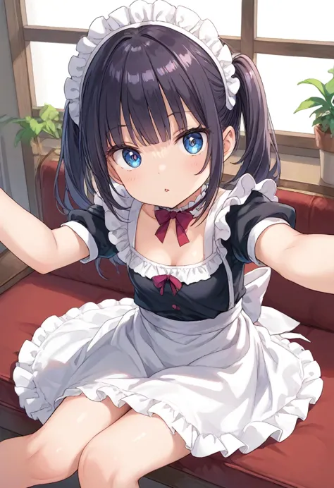 score_9, 1girl, cleavage, clothes lift, small breasts, sitting, on side, maid, maid suits, skinny, looking at viewer, parted lip...