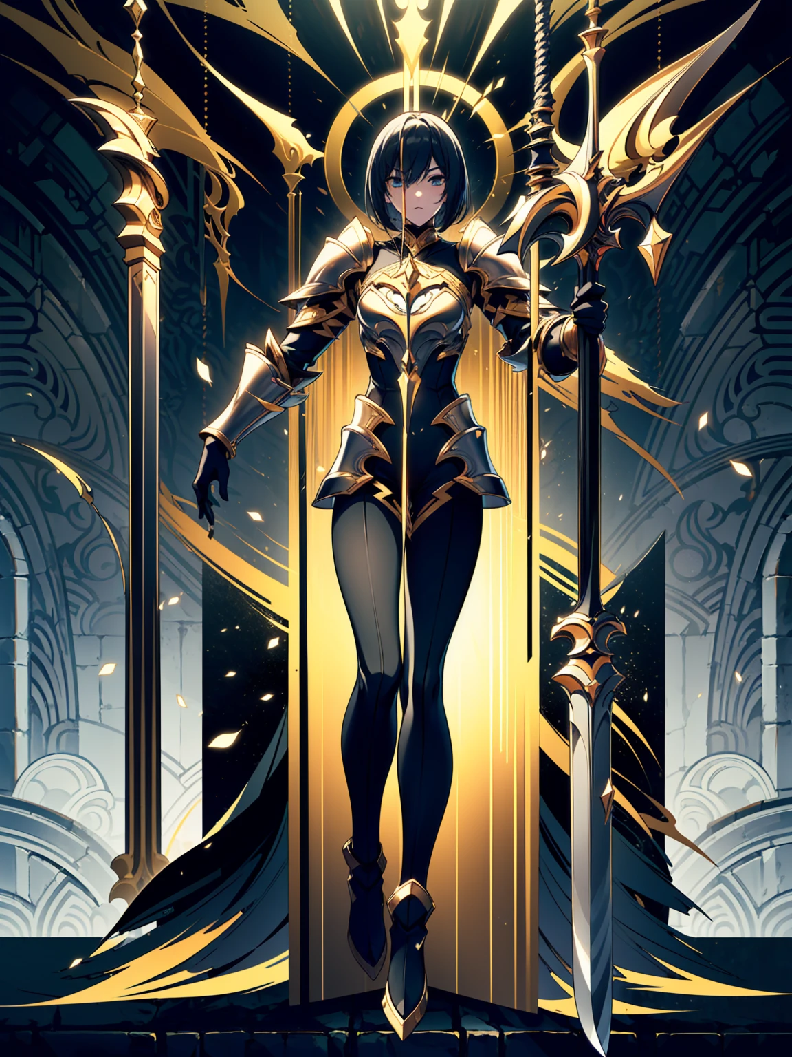 (((masterpiece, best quality, 16k)))Design a layout showcase Gaming character, (1girl). Black+Gold clothes, opulent and dark, ((showcase weapon:1.4)), cursed blade, (masterpiece:1.2), (best quality), 4k, ultra-detailed, (Step by step design, layout art:1.5), (gloomy lighting, cursed atmosphere), dark knight, ((cursed gloves)), (((revealing armor:1.3))), dark vambraces, cursed boots, (((full_body_shot:1.4)))