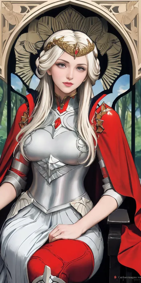 (masterpiece, best quality) 1girl, solo (the empress:1.15) platinum blonde, long hair (red cape) Curtain, armored dress, queen d...