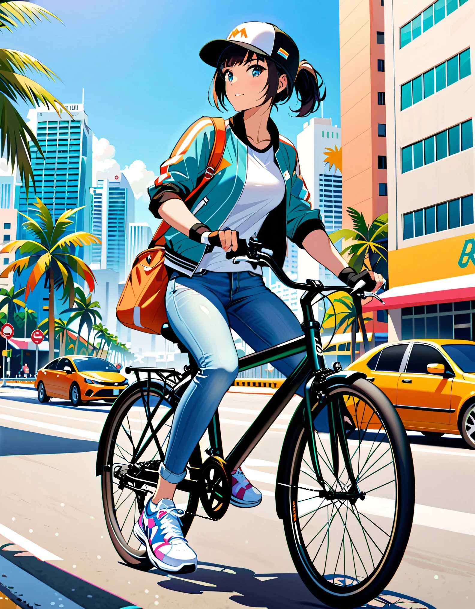 (masterpiece), (best quality), (high res), 1girl, bike messenger, miami city backdrop, (jet black hair, short hair, bob hair, bangs, ponytail), light blue eyes, beautiful detailed eyes, beautiful detailed face, cute face, perfect hands, complete fingers, perfect anatomy, perfect proportions, medium breasts, (jeans, athletic sneakers), (backward cap), fingerless gloves, (varsity jacket, sleeves rolled up, t-shirt), (bicycle, riding bicycle, holding water bottle), day, traffic