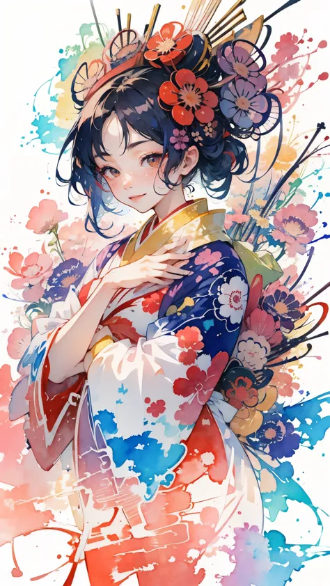 (masterpiece:1.2, Highest quality),(Very detailed),(((watercolor))),8k,wallpaper,1 girl,A woman is standing,Japanese,front,look at me,((smile)),kimono,(Intricate designs and patterns inspired by Katsushika Hokusai:1.3),(((Hand,detailed,perfect,perfection,hands))),(Beautiful female hands),(Detailed hands),(Random Pause),(透明watercolor:1.2)