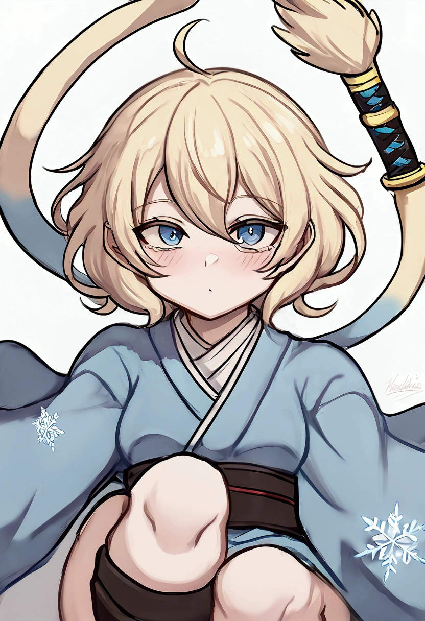 1 girl, short-hair, hair with some blue strands, blue colored eyes, demon slayer style clothing, hashira, katana with snowflake symbols, White background, light blonde hair, medium dark eyes with light