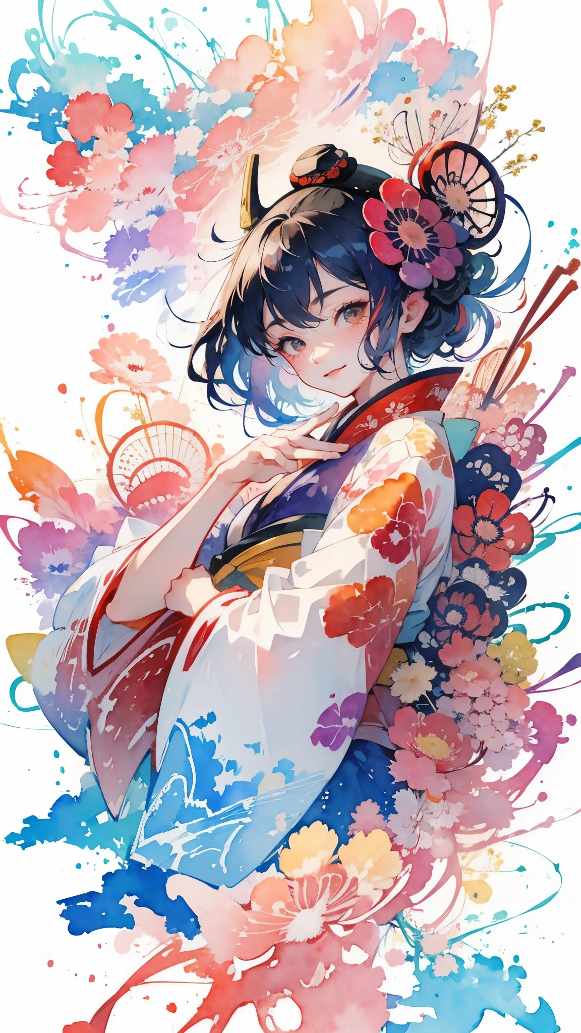 (masterpiece:1.2, Highest quality),(Very detailed),(((watercolor))),8k,wallpaper,1 girl,A woman is standing,Japanese,front,look at me,((smile)),kimono,(Intricate designs and patterns inspired by Katsushika Hokusai:1.3),(((Hand,detailed,perfect,perfection,hands))),(Beautiful female hands),(Detailed hands:1.3),(Random Pause),(透明watercolor:1.2)