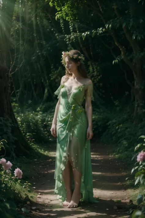 there is a woman in a dress who is standing in the forest, goddess of nature, inspired by konstantin somov, forest fairy, fairy ...