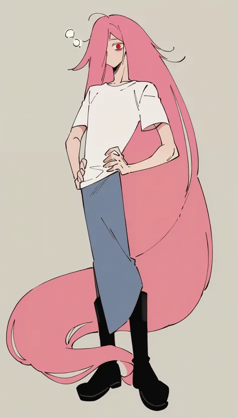 high quality, FHD, man, male, delightful, sleepy, standing, hands on hips, looking at viewer, front view, absurdly long hair, very long hair, side tail, pink hair, red eyes, droopy eyes, fair skin, tall, slim, toned body, long-sleeved t-shirt, coat, boots, 30-year-old, solid beige background, flat background, anime, soft-edged, full body shot, neutral colors, flat colors