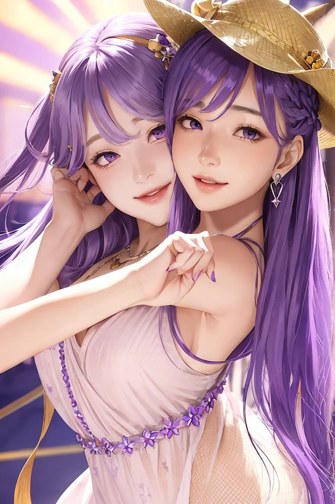 yuri, purple eyes, hair ornament, long hair, hair clip, purple hair, hair intake, sidelocks, bangs, hair between eyes, smiling, 1girl, standing, looking at viewer, best quality, solo, orange short dress, silver necklace, yellow earrings, summer hat, render, fixed hands, Yuri, (Lora: more details 1.5),