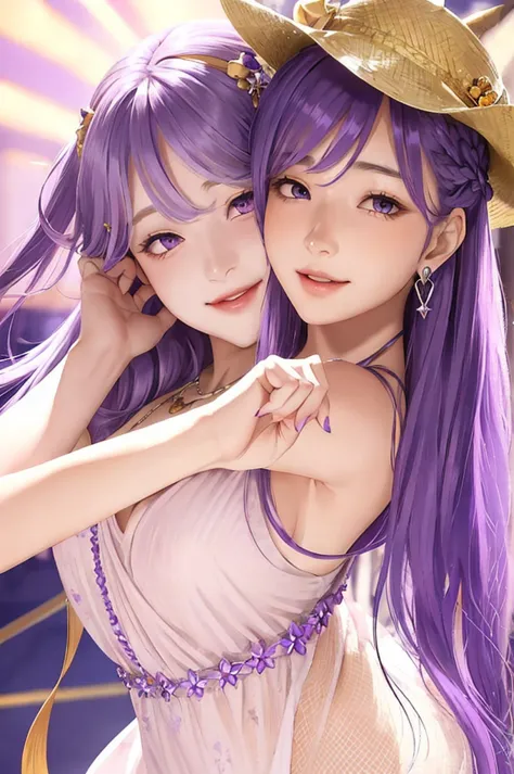 yuri, purple eyes, hair ornament, long hair, hair clip, purple hair, hair intake, sidelocks, bangs, hair between eyes, smiling, ...