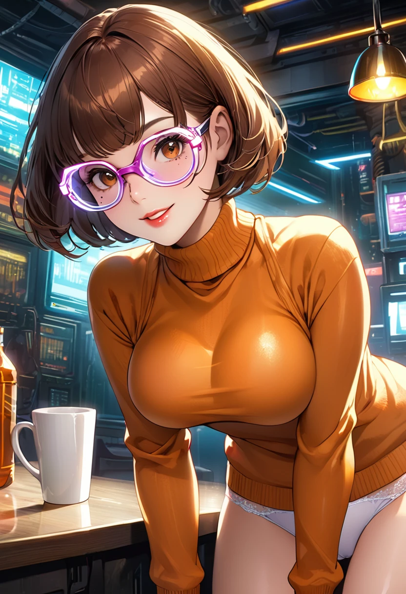 artwork,best quality,Highly detailed, half nacked velma, turtleneck orange sweter and white panties, hard niples, anime source, Velma,1 girl,cups,Alone,breasts,brown hair,turtleneck,sweater,brown eyes,short hair,freckles,( (large breasts)), lips, smile, turtleneck sweater, orange sweater, standing in white panties, Looking at viewer, bangs, parted lips, ((shiny cyberpunk glasses)), full body