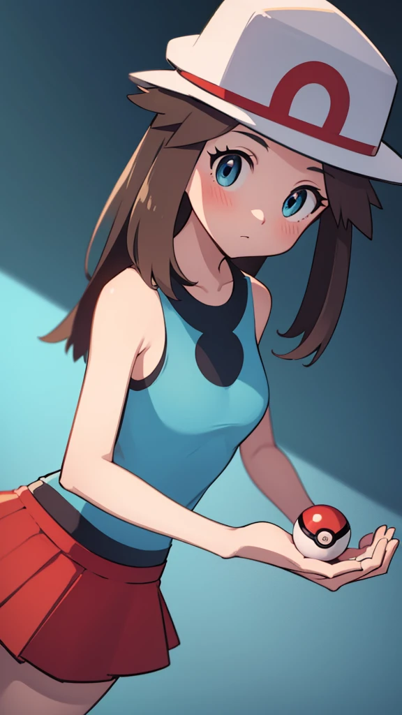 pokemon leaf, pokemon leaf, Brown eyes, Brown hair, by the wide , (small breasts:1.2),
BREAK  cap, has, sky blue sleeveless blouse, Red skirt, BREAK blue tights looking at viewer, blushing BREAK (masterpiece:1.2), Best Quality, High resolution, unity wallpaper 8k, (illustration:0.8), (beautiful detailed eyes:1.6), extremely detailed face, perfect lighting, Extremely detailed CG, (perfect hands, perfect anatomy),(with a Pokeball in hand)