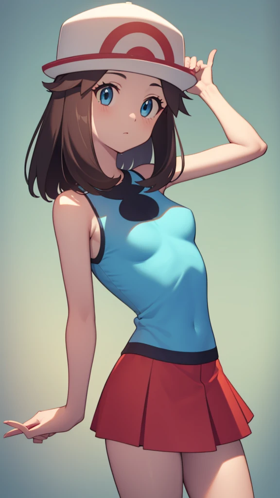 pokemon leaf, pokemon leaf, Brown eyes, Brown hair, by the wide , (small breasts:1.2),
BREAK  cap, has, sky blue sleeveless blouse, Red skirt, BREAK blue tights looking at viewer,
BREAK (masterpiece:1.2), Best Quality, High resolution, unity wallpaper 8k, (illustration:0.8), (beautiful detailed eyes:1.6), extremely detailed face, perfect lighting, Extremely detailed CG, (perfect hands, perfect anatomy),(with a Pokeball in hand)