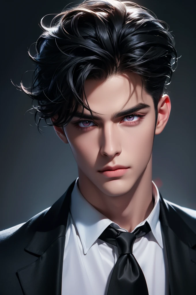 high quality, 8k, Ultra detailed, hdr, human only, studio light, Masterpiece, front of a face, Handsome face, Focus on your audience, black hair, azure big beautiful red eyes, evil eyes, handsome man, lclosed mouth, messy hair, dynamic pose realistic, detailed and correct facial structure, pomade hair style