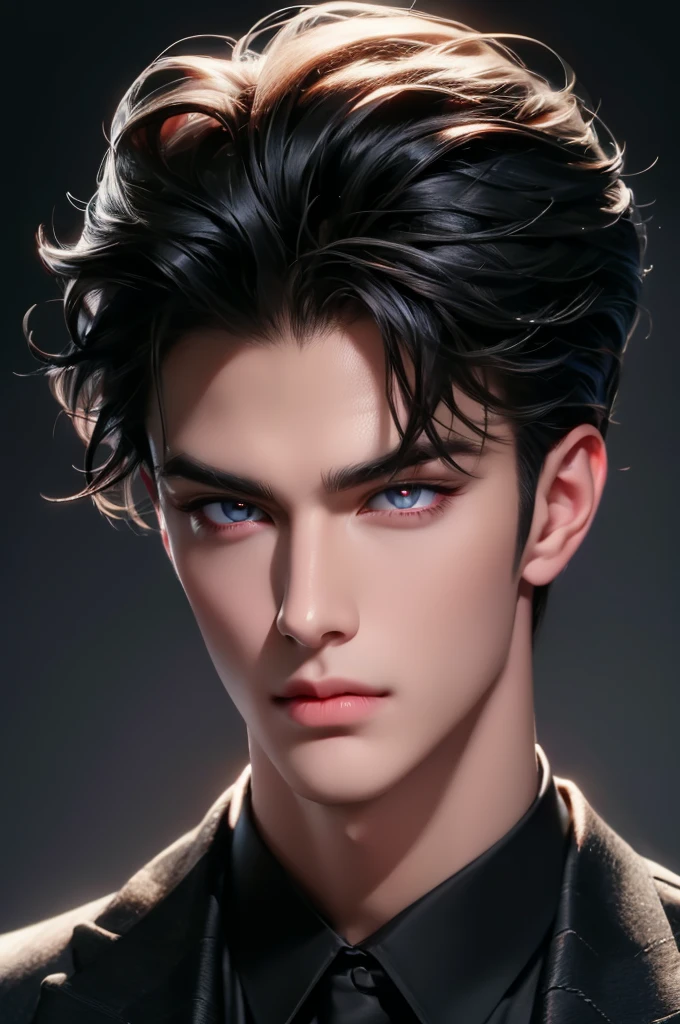 high quality, 8k, Ultra detailed, hdr, human only, studio light, Masterpiece, front of a face, Handsome face, Focus on your audience, black hair, azure big beautiful red eyes, red jade eyes, evil eyes, handsome man, lclosed mouth, messy hair, dynamic pose realistic, detailed and correct facial structure, pomade hair style