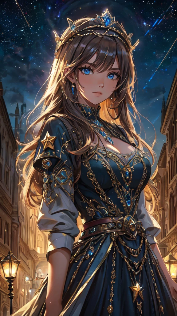 (best quality, 4k, highres, masterpiece:1.2), ultra-detailed, realistic:1.37, HDR, vivid colors, detailed eyes, long eyelashes, woman with a detailed face, big breasts, long detailed dress, full body, shining, an old town background, crowned, dark colors, portrait, fine oil painting, soft lighting, space, stars