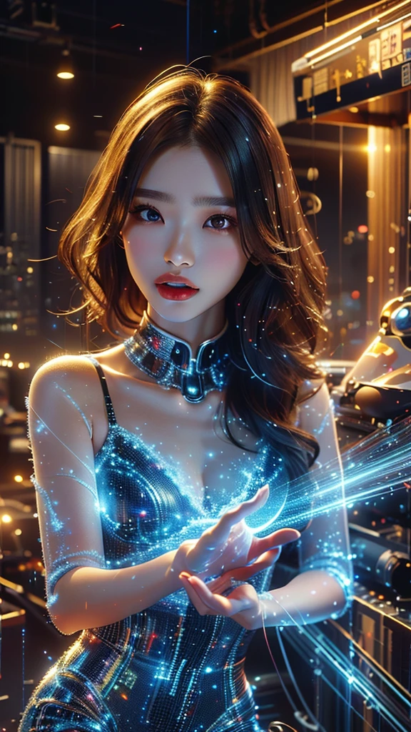 Ultra-Realistic Capture,18k,RAW Photos,Highest quality,masterpiece,reality,Very detailed,live-action,Very beautiful woman,Detailed face,Glowing Skin,Rainbow,Automata,cyber punk,18-year-old ,Model body type,slim,So many LEDs,Clothes made of light particles,Machine Skin,Electronic devices embedded in the body,transparent,Very detailedな電子機器,Connection line,Rainbow colors,非常に長いneonカラーの髪,whole body,Large Breasts,Acrobatic poses,Raise the middle finger,neon,Long limbs,flip the bird,Stick out your tongue,