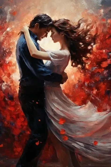 Create images in digital art style. The image must contain a scene where a man and a woman are dancing. Use strong red and white colors for the background to create a dynamic and romantic atmosphere.. Men are wearing dark colored shirts, The woman is wearing a white dress. The two are hugging each other gently, The movement of the dress is depicted as if it is blowing in the wind.. Please give the overall feeling of the image a romantic and emotional atmosphere..
