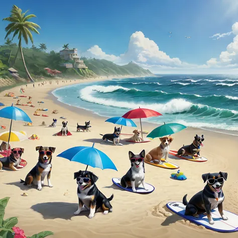 Visualize some dogs enjoying a sunny day on the beach. Some might be surfing small waves, others building sand castles and some ...