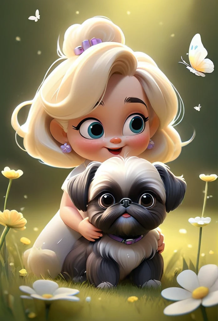 2 adorable very small very black Shih Tzu puppies and blonde mom wearing sunglasses playing at park butterflies and flowers in background 3D Pixar style
