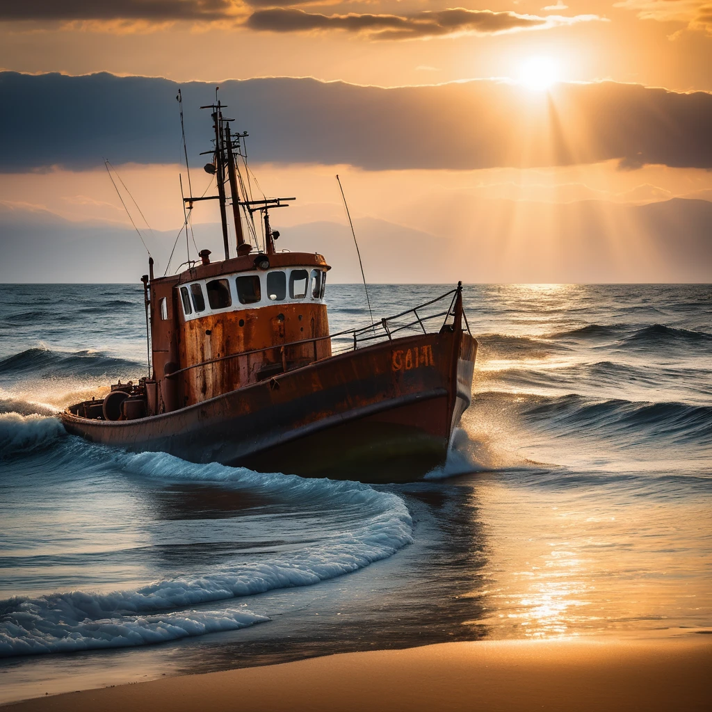 夕阳西下, 一艘生锈的旧拖船在平静的海浪上轻轻漂浮 (海)