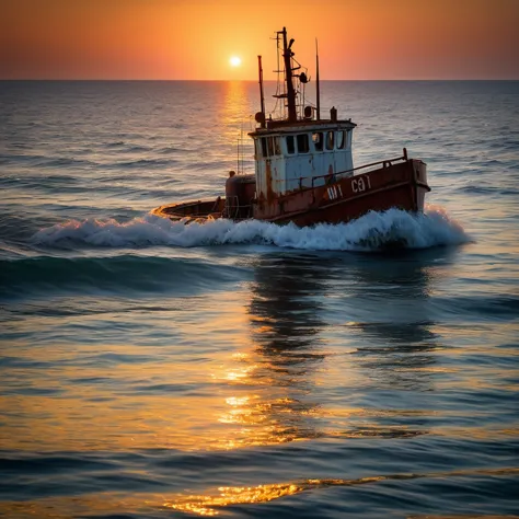 With an evening glow of the sun, a rusty old tug boat floats gently on a calm wave (sea)