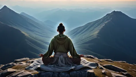Very detailed image of a person meditating on top of a mountain. Loose Clothes. cinematic lighting