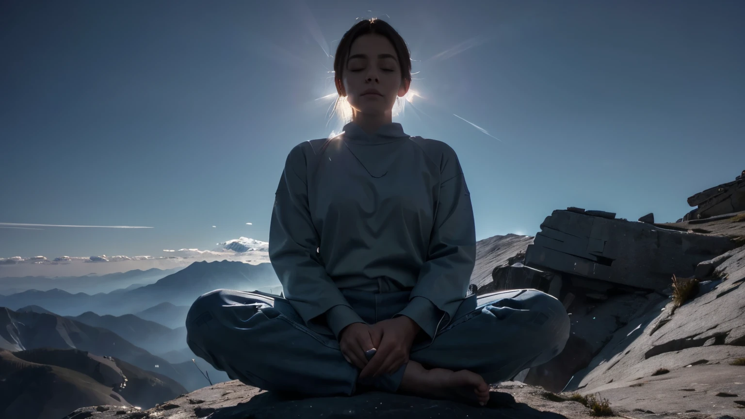 Highly detailed image of a person meditating on top of a mountain, on a clear day. Loose Clothes. cinematic lighting.