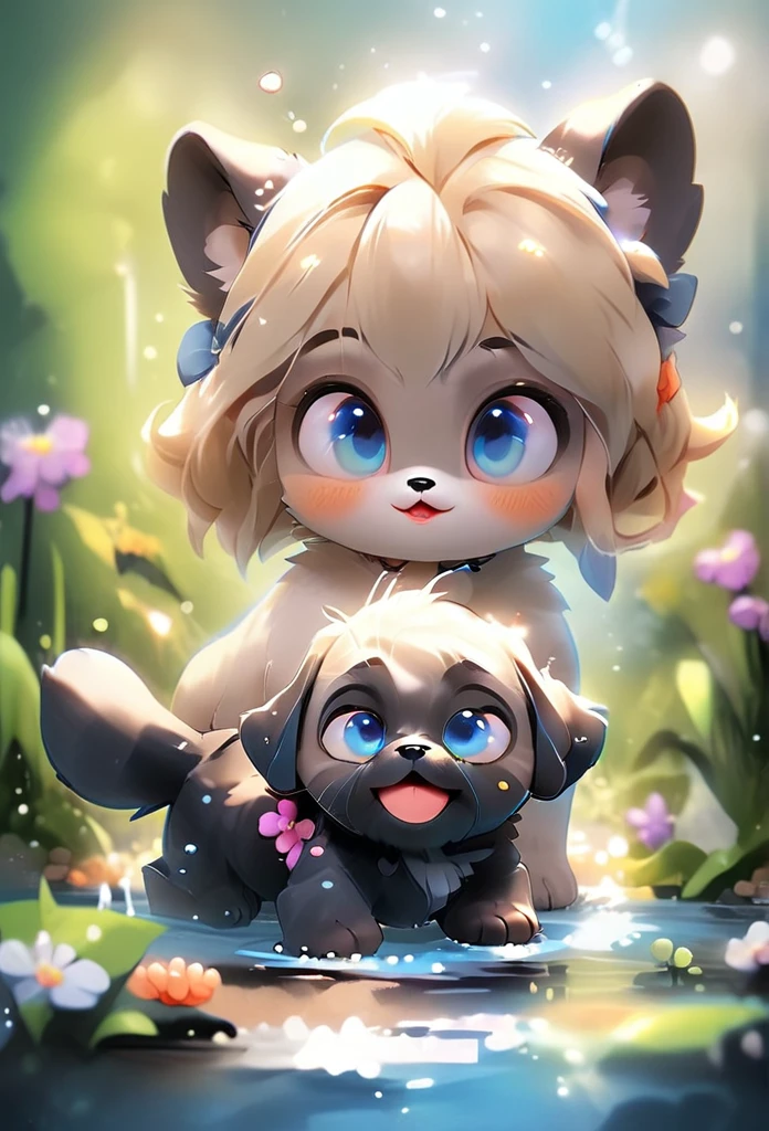 Small cute blonde mom and 2 adorable very small very black Shih Tzu puppies with big bright blue eyes,extremely detailed eyes and face,longeyelashes,wearing blue collars and sunglasses,playing in creek,butterflies and flowers in background,3D Pixar style,photorealistic,masterpiece,vibrant colors,studio lighting,ultra-detailed,sharp focus,physically-based rendering,professional