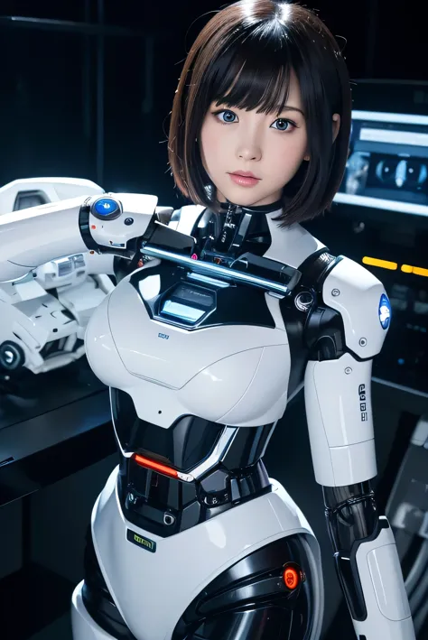 masterpiece, best quality, extremely detailed,8k portrait,Japaese android girl,Plump , control panels,android,Droid,Mechanical Hand, Robot arms and legs, Black hair,Blunt bangs,perfect robot girl,long tube,thick cable connected her neck,android,robot,humanoid,cyborg,japanese cyborg girl ,robot-assembly plant,She has assembled now,assembly scene,white robot body,blue eyes, 