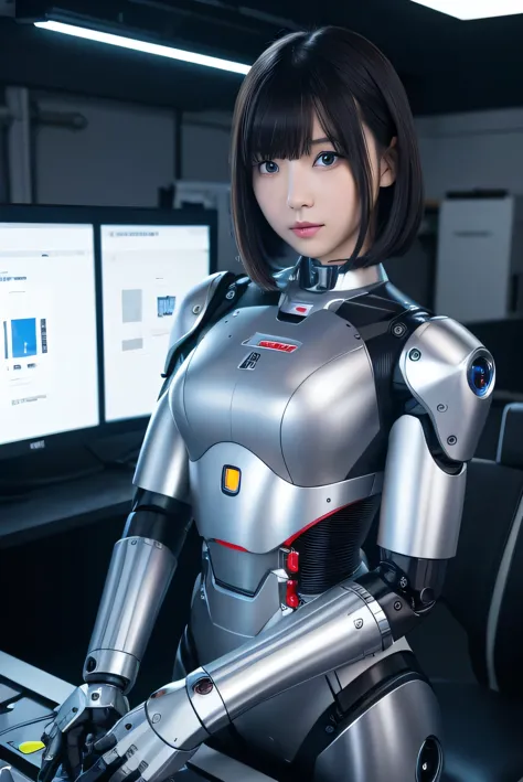 masterpiece, best quality, extremely detailed,8k portrait,Japaese android girl,Plump , control panels,android,Droid,Mechanical Hand, Robot arms and legs, Black hair,Blunt bangs,perfect robot girl,long tube,thick cable connected her neck,android,robot,humanoid,cyborg,japanese cyborg girl ,robot-assembly plant,She has assembled now,assembly scene,white robot body,blue eyes, 