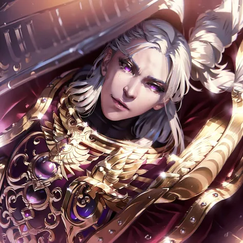 photo of fulgrim, full armor, full metal armor, wearing intricate ornate metal armor, smug face, very pretty face, flowing hair,...