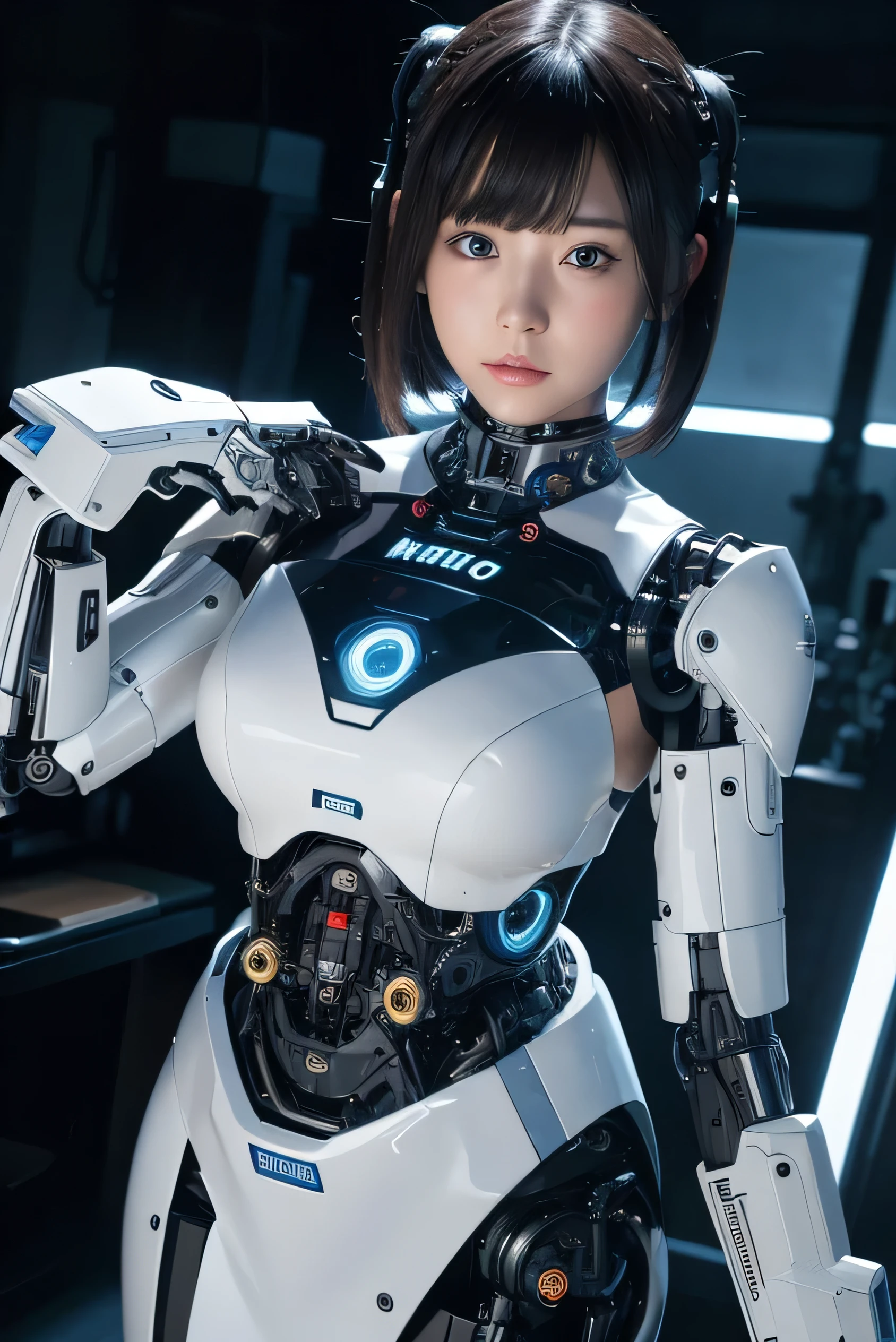 masterpiece, best quality, extremely detailed,8k portrait,Japaese android girl,Plump , control panels,android,Droid,Mechanical Hand, Robot arms and legs, Black hair,Blunt bangs,perfect robot girl,long tube,thick cable connected her neck,android,robot,humanoid,cyborg,japanese cyborg girl ,robot-assembly plant,She has assembled now,assembly scene,white robot body,blue eyes, 