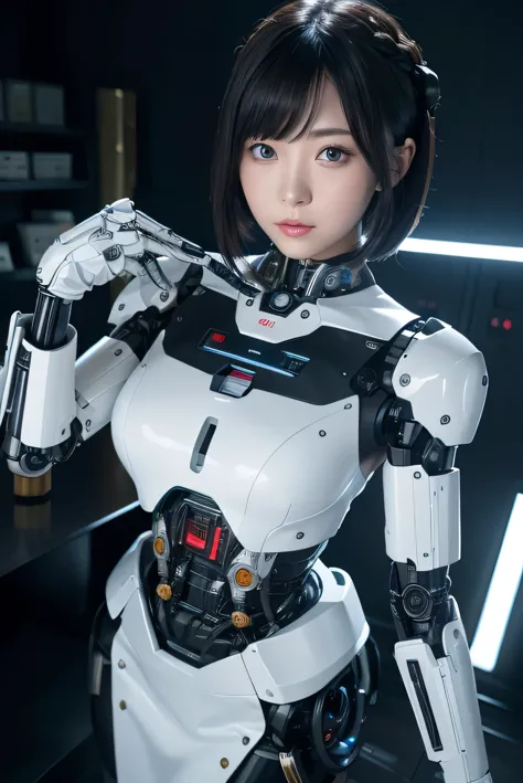 masterpiece, best quality, extremely detailed,8k portrait,Japaese android girl,Plump , control panels,android,Droid,Mechanical Hand, Robot arms and legs, Black hair,Blunt bangs,perfect robot girl,long tube,thick cable connected her neck,android,robot,humanoid,cyborg,japanese cyborg girl ,robot-assembly plant,She has assembled now,assembly scene,white robot body,blue eyes, 