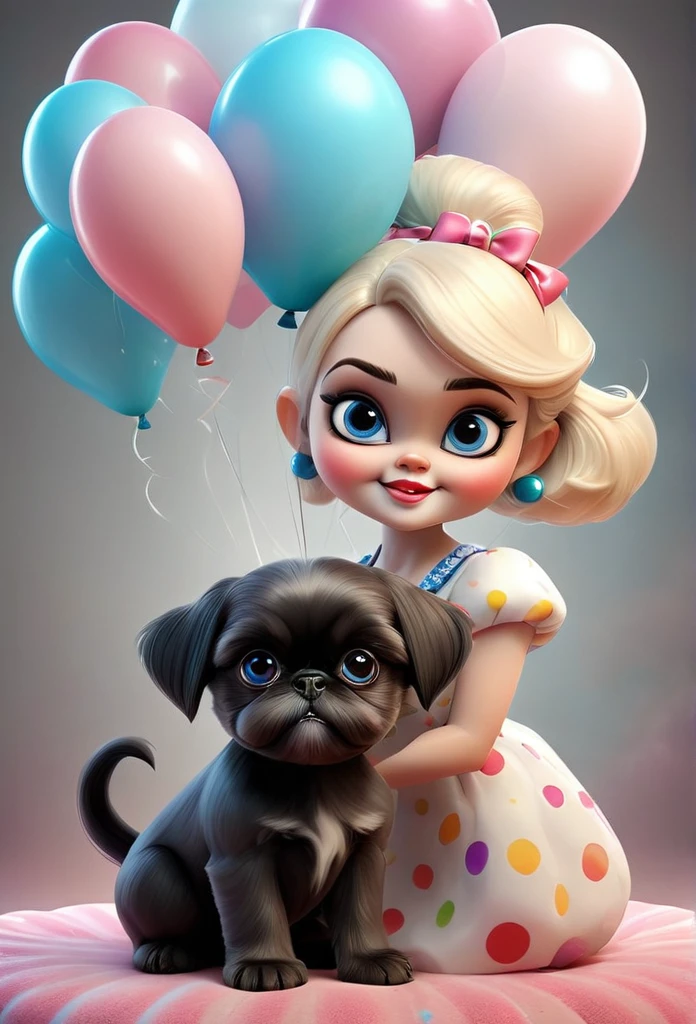 Cute blonde woman, 2 adorable very small very black Shih Tzu puppies with big bright blue eyes swinging at circus with cute small blonde mom clowns and elephants and balloons in background 3D Pixar style
