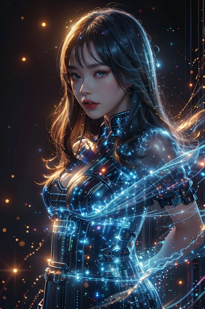 Ultra-Realistic Capture,18k,RAW Photos,Highest quality,masterpiece,reality,Very detailed,live-action,Very beautiful woman,Detailed face,Glowing Skin,Rainbow,Automata,cyber punk,18-year-old ,Model body type,slim,So many LEDs,Clothes made of light particles,Machine Skin,Electronic devices embedded in the body,transparent,Very detailedな電子機器,Connection line,Rainbow colors,非常に長いneonカラーの髪,whole body,Large Breasts,Acrobatic poses,(Raise the middle finger),neon,Long limbs,flip the bird,Stick out your tongue,