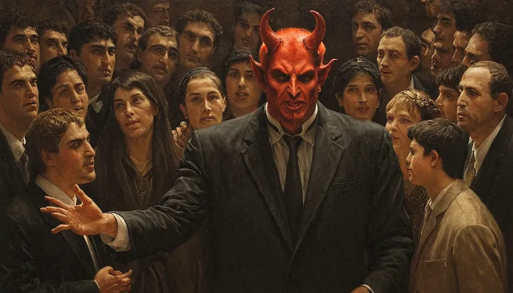 devil with people, oil painting