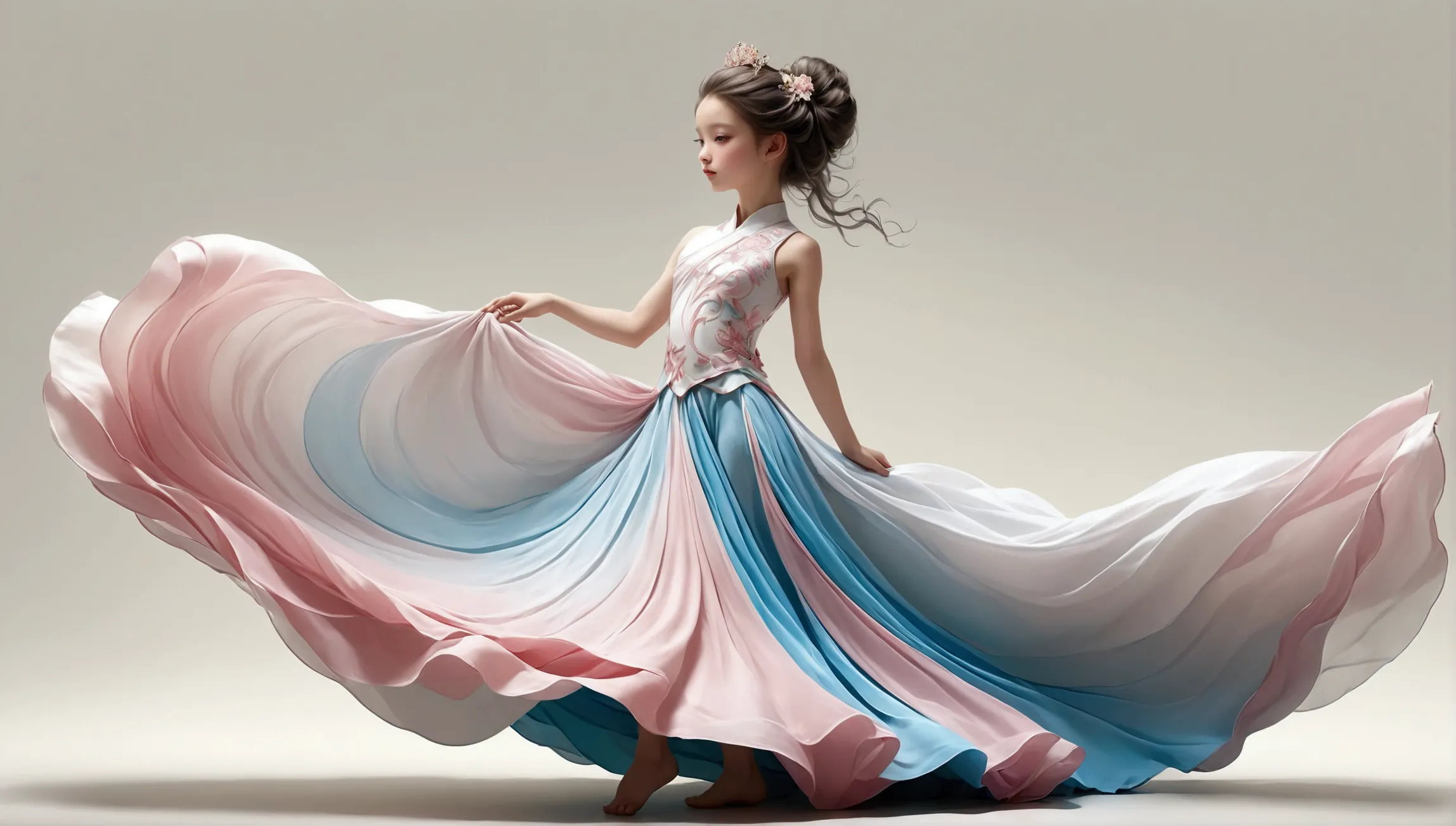 dance photography；a dancer，solitary；a little girl in a gorgeous long dress（girl），princess dress，chinese style skirt，pink，conserv...