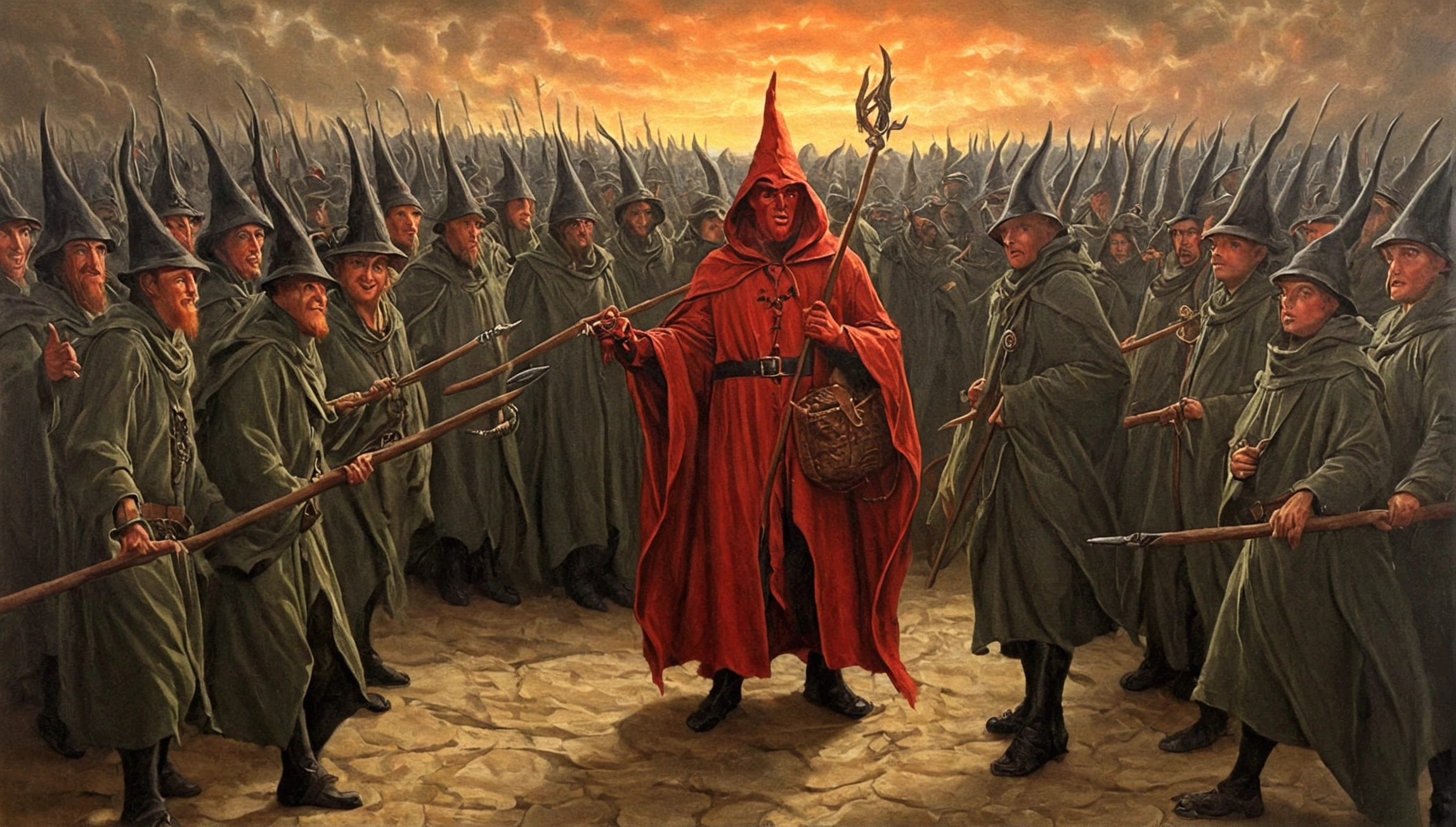 man devil wear wizard cloth with his army, oil painting