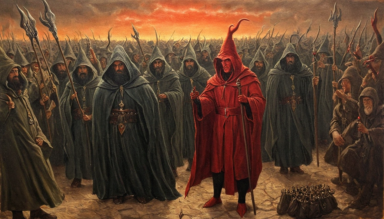 man devil wear wizard cloth with his army, oil painting